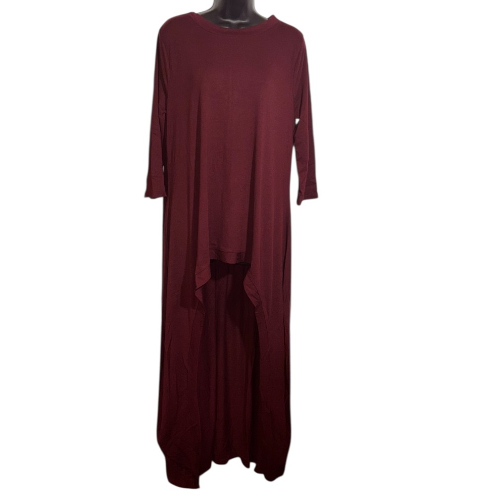 Burgundy Red Y2K Tunic Elbow Sleeve Dramatic Hi Low Hem Crew Neck Women’s Large